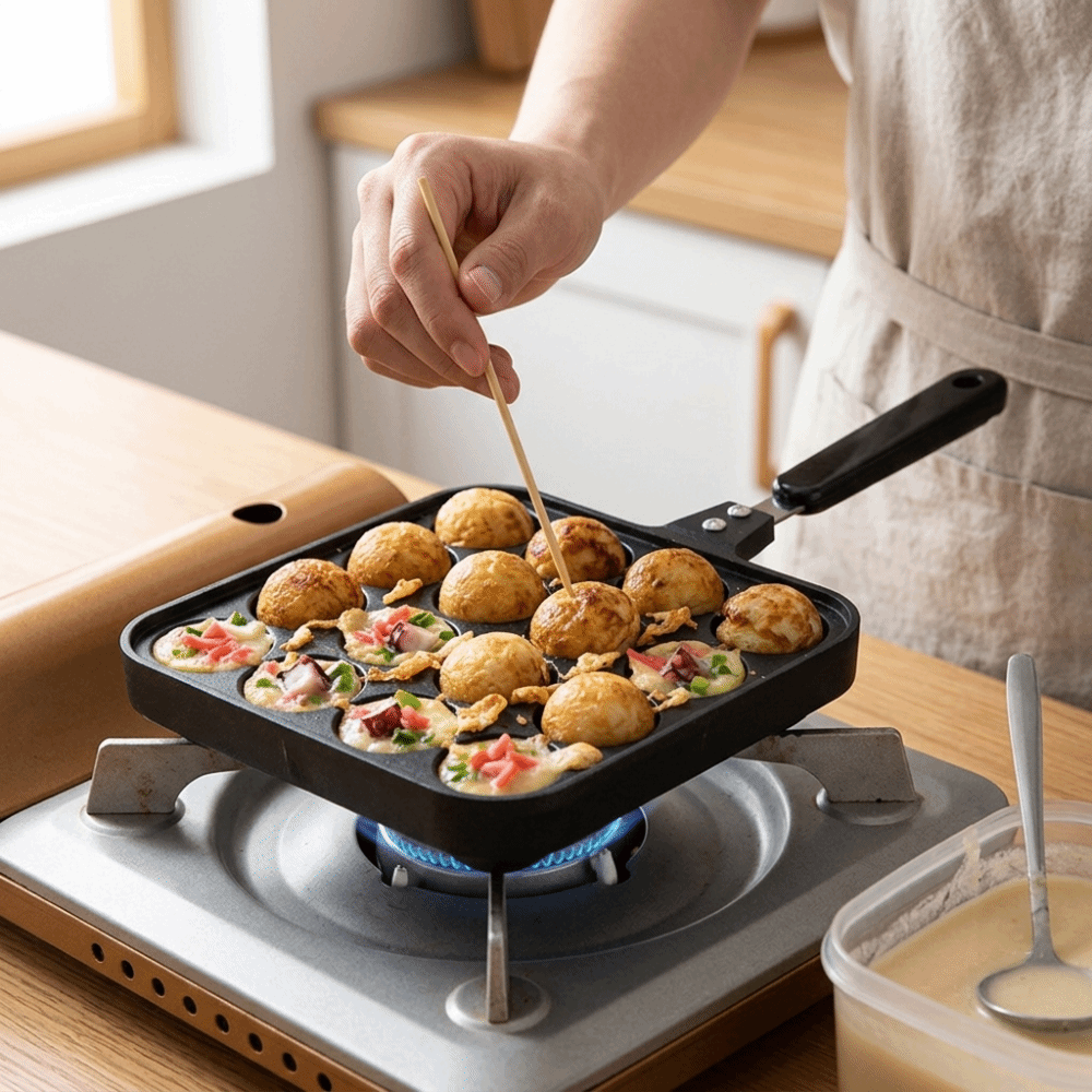 Takoyaki Pan Cast - 16-gaats Takoyaki grillpan, warmte-geïsoleerd, anti-verbrandingshandvat, gegoten